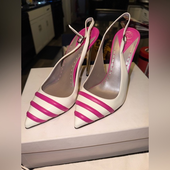 Versace Cream and Pink Strappy Heels - Picture 1 of 13